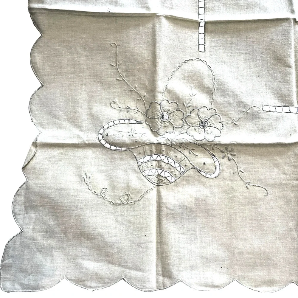 Vintage Linen Cutwork Tablecloth Pale Yellow Cream Vintage Teacloth Table Cover